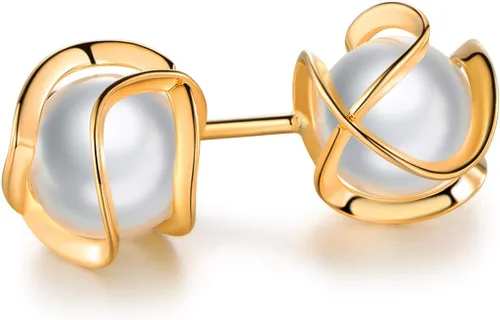 Miniatura 5 de Barzel Pendientes de botón con perla enjaulada chapados en oro de 18 quilates, 6MM - Hecho en Brasil