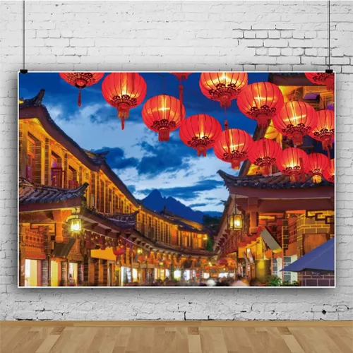 Miniatura 3 de Haoyiyi Fondo de año nuevo chino de 10 x 6.5 pies 2025 Festival de primavera de China Lijiang Town noche linterna roja cielo azul fotografía telón