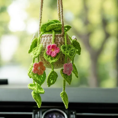 Miniatura 7 de Adorno para colgar en automóvil, lindo adorno de planta de ganchillo para espejo retrovisor, decoración de espejo retrovisor tejido a mano, Floret