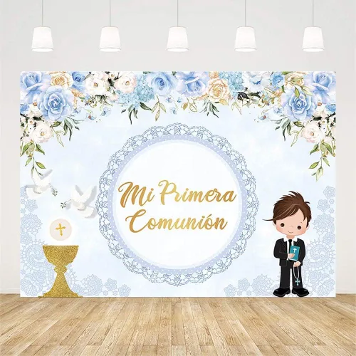 Miniatura 2 de AIBIIN Telón de fondo de bautismo de 7 x 5 pies para niño Mi Primera Comunión Bautizo Fotografía Fondo Dios bendiga Primera Comunión Banner Palomas