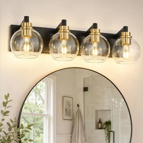 Miniatura 17 de Accesorios de iluminación de baño, luz de tocador mate negra de 2 luces, apliques de pared modernos con pantalla de globo de vidrio transparente
