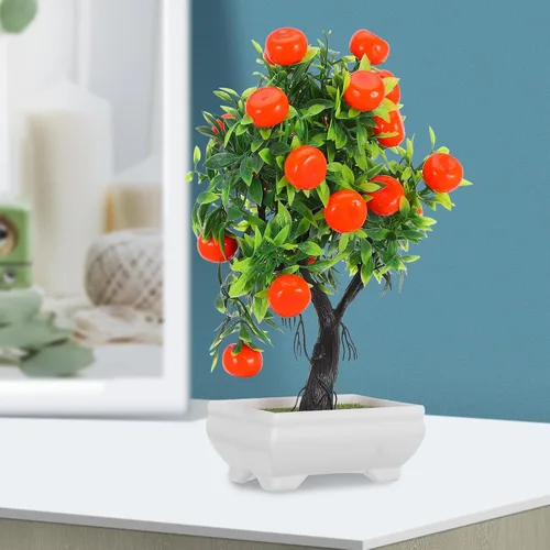 Miniatura 3 de HOMSFOU Árbol de kumquat simulado de imitación naranja bonsái con base de madera, pequeña planta de fruta artificial en maceta para el hogar