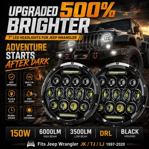 Miniatura 2 de JHLion - Faros delanteros LED de Jeep Wrangler, 7 pulgadas para Jeep Wrangler JK/TJ/LJ 1997-2020, 150W, faros redondos LED aprobados por DOT, 500%