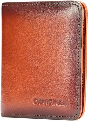 Miniatura 4 de Cartera de cuero con cremallera para hombre, con bloqueo RFID, mini billetera portátil con múltiples ranuras para tarjetas para billetes, marrón
