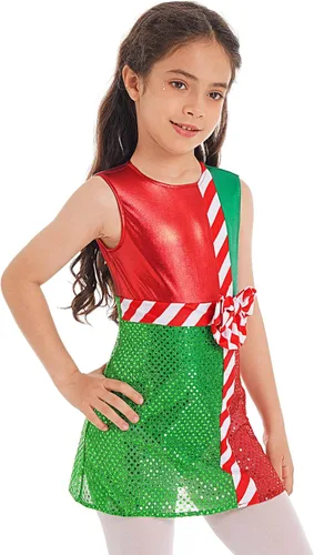 Miniatura 2 de JEATHA Vestido de leotardo de lentejuelas metálicas brillantes para niños y niñas, diseño de bloques de color a rayas, con lazo
