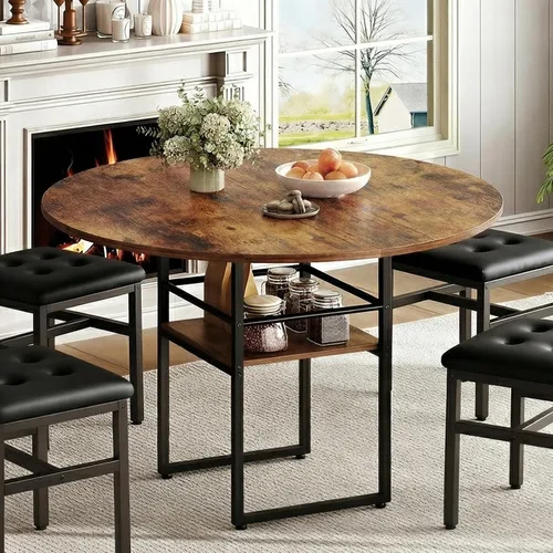 Miniatura 5 de RALGEND Mesa de comedor redonda de 47.2 pulgadas para 4, mesa de cocina de madera de granja con almacenamiento, mesa de comedor circular que ahorra