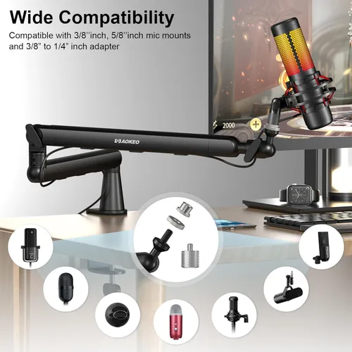 Miniatura 6 de Brazo de Micrófono, Aokeo AK-55 - Soporte de Brazo de Micrófono de Escritorio de Bajo Perfil Ajustable, Adecuado para Blue Yeti, Snowball iCE