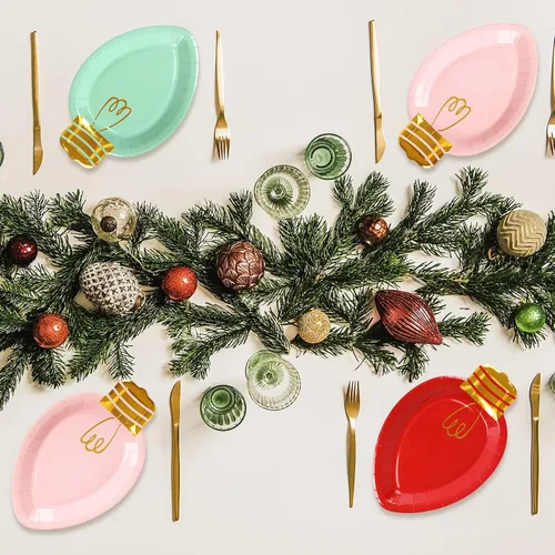 Miniatura 7 de Whaline 30 platos de papel de Navidad con forma de luces desechables para cena y fiesta, vajilla de vacaciones para postres ensaladas, aperitivos