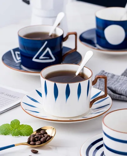 Miniatura 4 de Jusalpha Estilo japonés impreso a mano - Taza de té de porcelana fina de 7 onzas/taza de café con cuchara y bandeja/platillo, vajilla, porción de 4