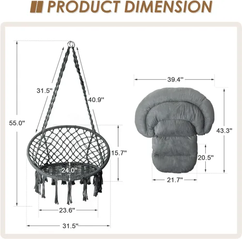 Miniatura 6 de Silla hamaca con cojín, silla columpio de macramé hecha a mano con kits de herrajes para colgar, silla colgante de cuerda de algodón estilo bohemio
