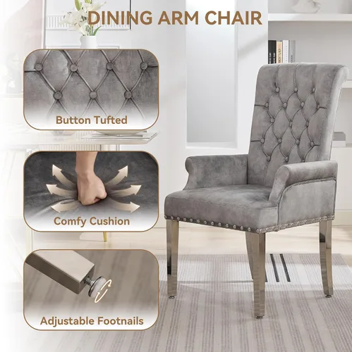 Miniatura 4 de WUTUTUEE Silla de comedor de terciopelo con brazos, sillas de comedor tapizadas acolchadas de respaldo alto, sillón decorativo con patas cromadas