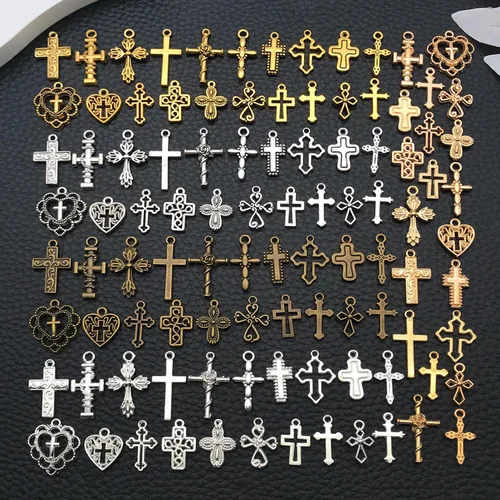 Miniatura 6 de WOCRAFT 100 piezas de dijes cruzados para la fabricación de joyas, brazaletes de pulsera de joyería surtidos, dijes al por mayor de metal mixto a