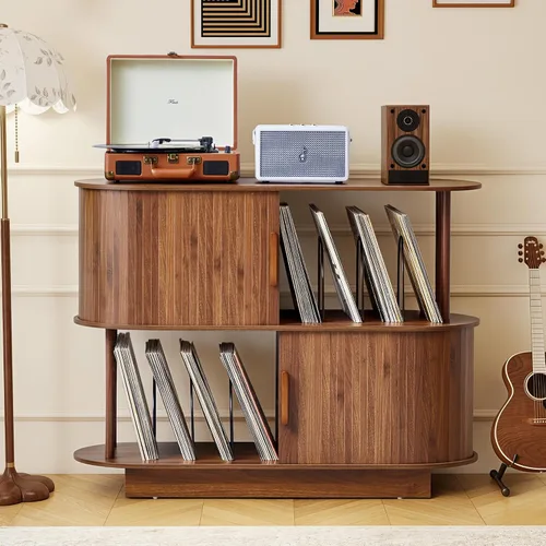 Miniatura 10 de Soporte moderno para tocadiscos con almacenamiento de vinilo, soporte de almacenamiento para tocadiscos negro de 40 pulgadas con puerta corredera
