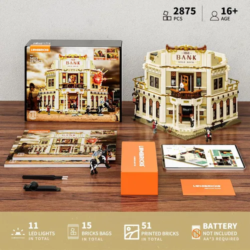 Miniatura 5 de Lumibricks Western Bank Heist Lighting - Juego de ladrillos de construcción – Wild West Outlaw Gold Heist 2875 piezas colección juego de exhibición