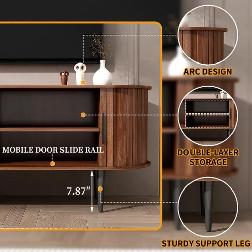 Miniatura 5 de Soporte de TV acanalado moderno de mediados de siglo, soporte de TV de nogal para TV de 55 pulgadas, centro de entretenimiento de madera con puertas