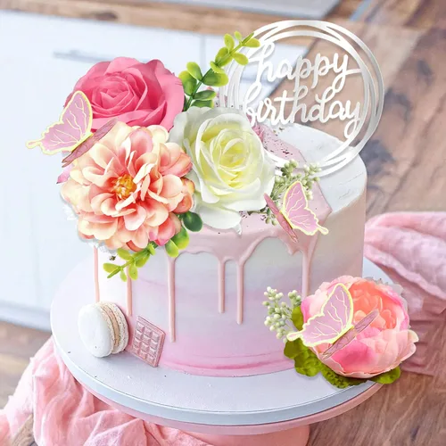 Miniatura 7 de 14 PCS Adornos para Pasteles de Flores Decoraciones de Pastel de Mariposa Adornos para Pastel de Feliz Cumpleaños con Flores de Rosa Rosa