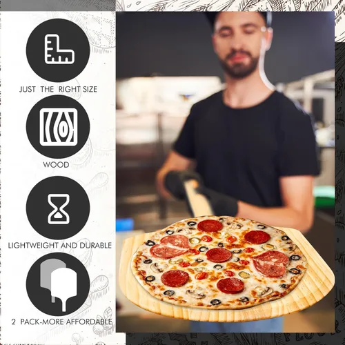 Miniatura 4 de Paquete de 2 cáscaras de madera para pizza, plato de 14 pulgadas de largo x 12 pulgadas de ancho, con mango de madera de 22 litros, 36 de longitud