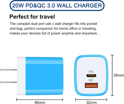 Miniatura 5 de Cargador de pared USB C, 2 puertos de 20 W, USB A y USB C [PD/QC 3.0], paquete de 3 adaptadores de enchufe de pared USB-C para iPhone