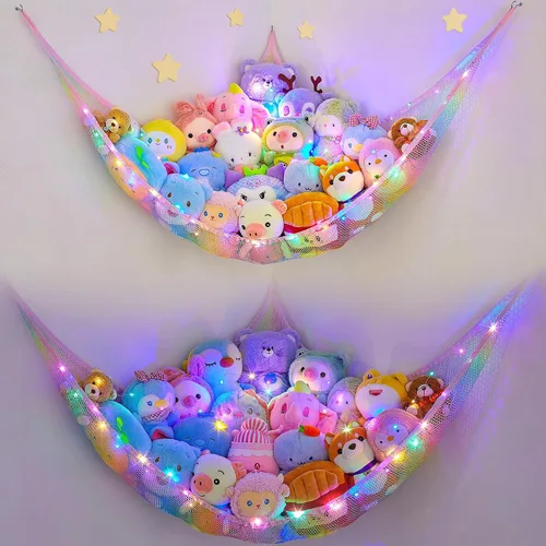 Miniatura 21 de Unicorn Castle Red de animales de peluche o hamaca organizador de almacenamiento de juguetes para niños con luz LED colgante en esquina soporte