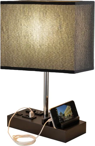 Miniatura 5 de Briever Lámpara de mesa USB, lámpara multifuncional de mesita de noche con 2 salidas de CA, 3 puertos de carga USB y organizador de soporte