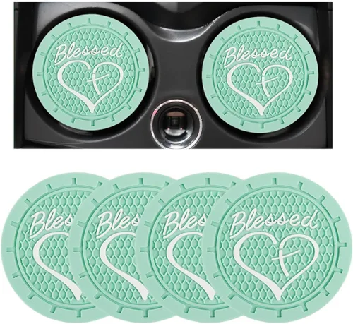 Miniatura 7 de Dickno 2 piezas posavasos para portavasos de automóvil, 2.76 pulgadas cruz bendita y corazón tapete de bebida cristiano, PVC suave antideslizante a