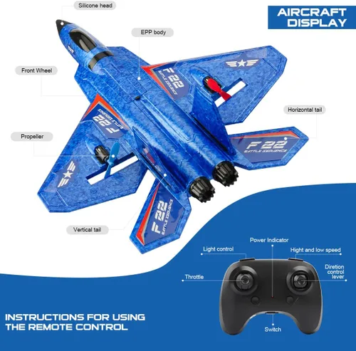 Miniatura 8 de Avión RC, avión RC F22 listo para volar, avión de control remoto de 2.4 GHz, avión de control remoto de 2 canales, juguete de aviones RC para niños