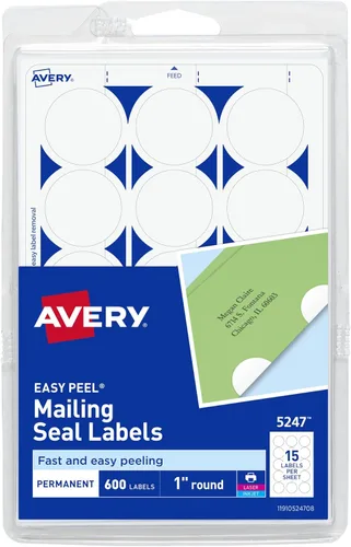 Avery Sellos de correo, etiquetas redondas de 1 pulgada, blancas, 600 etiquetas de correo imprimibles (05247)