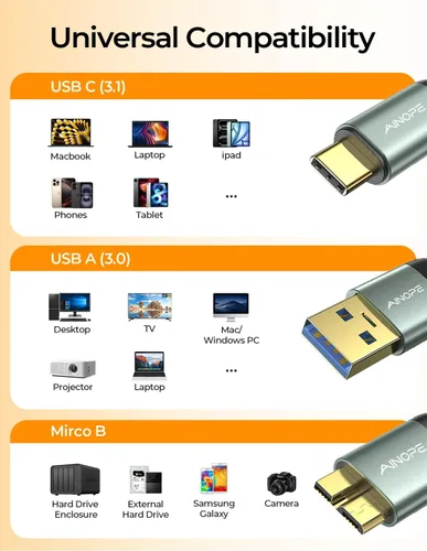 Miniatura 7 de AINOPE Cable de disco duro, cable de disco duro externo trenzado de nailon resistente de 10 Gbps Micro B a USB A/C compatible con Seagate WD
