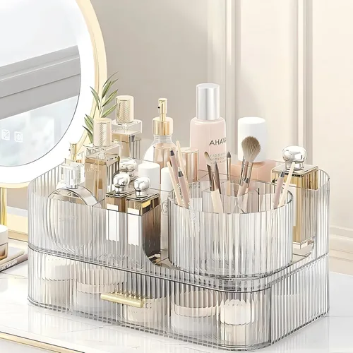 Miniatura 2 de DASITON Organizador de Maquillaje con Cajones y Soporte Giratorio para Brochas de Maquillaje, Organizador de Cosméticos Apilable de Gran Capacidad
