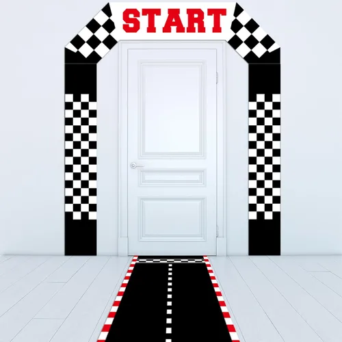 Decoración de puerta de auto de carreras, pancarta de tela a cuadros para puerta de cumpleaños, tapete de pista de carreras para colgar en el
