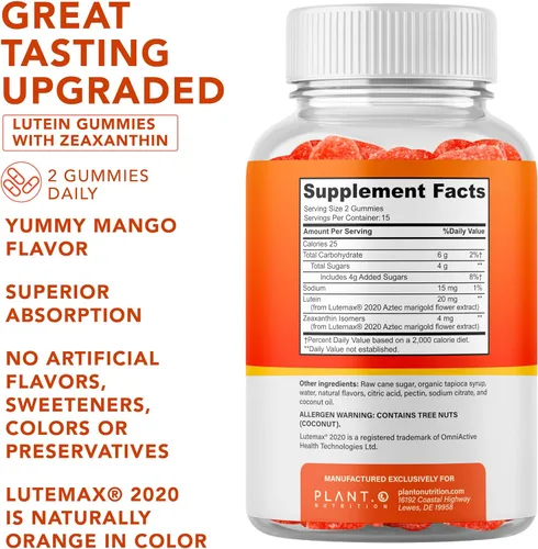 Miniatura 2 de PLANT.O NUTRITION Gomitas de luteína y zeaxantina – Deliciosas vitaminas veganas para la salud ocular clínicamente estudiadas 20 mg de luteína