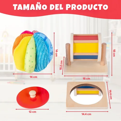 Miniatura 3 de Montessori - Kit de juguetes para bebés, espejo, peekaboo, rompecabezas de perillas, tambor giratorio, bola arcoíris - niños pequeños de 6 a 12 meses