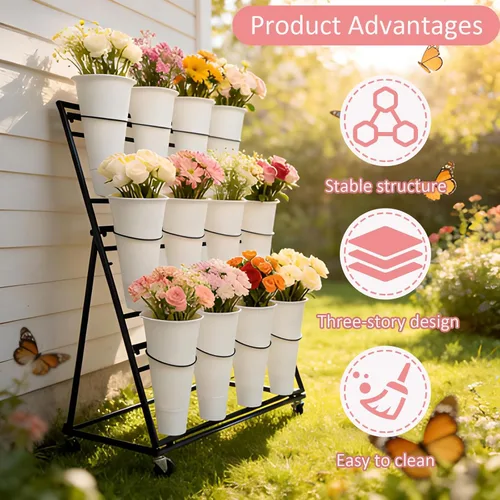 Miniatura 7 de Soporte de exhibición de flores de 3 niveles, soporte móvil de metal para plantas con 12 cubos, carrito de flores con ruedas, adecuado