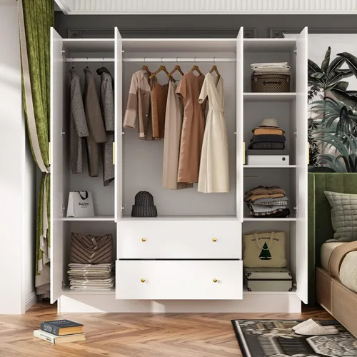 Miniatura 3 de Armario de 4 puertas con puerta de espejo, armario de madera de 63 pulgadas de ancho con 2 cajones y barra para colgar, armario de dormitorio