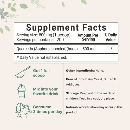 Miniatura 2 de Polvo de dihidrato de quercetina pura, quercetina 500 mg por porción, 3.53 oz, grado más biodisponible y sin relleno, potente antioxidante que apoya