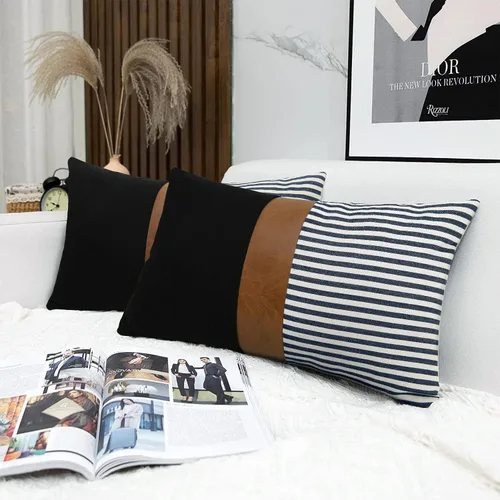 Miniatura 22 de Cygnus - Juego de 2 fundas de almohada de 16 x 16 pulgadas hechas de lino y de la unión de distintas telas con diseño de rayas para decoración Negro