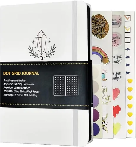Cuaderno de páginas negras con puntos A5, piel sintética, 150 GSM, cuaderno diario de papel negro con páginas negras (blanco)
