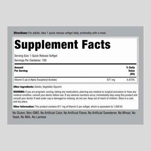 Miniatura 2 de Piping Rock Cápsulas de cápsulas blandas de vitamina E de 1000 UI 671 mg 100 píldoras Suplemento de tocoferilo D-alfa Sin OMG, sin gluten