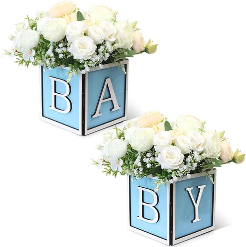 Miniatura 8 de Juego de 4 centros de mesa de baby shower para mesas, cajas de madera de 6 pulgadas con letras de bebé, cubos rústicos, bloques de madera para Rosa