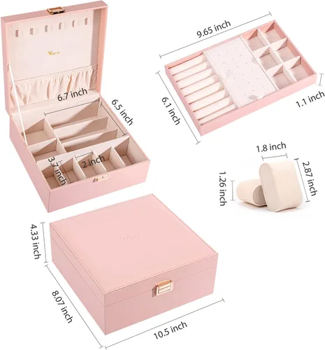 Miniatura 5 de Voova Joyero organizador para mujeres y adolescentes, estuche grande de almacenamiento de 2 capas, soporte de joyería de piel sintética con bandeja