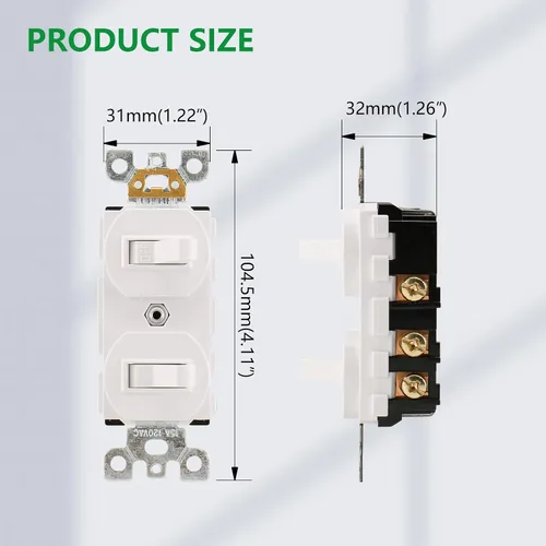 Miniatura 5 de Wengart Paquete de 2 interruptores de palanca doble, 15 amperios 120 V, interruptor de luz combinado 2 en 1, diseño que ahorra espacio para baño