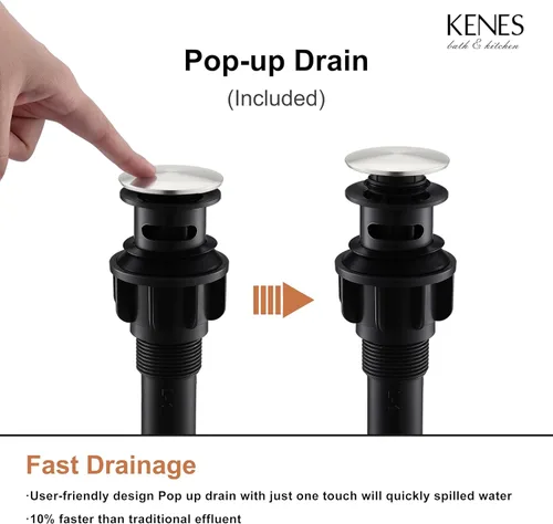 Miniatura 8 de KENES Grifo de lavabo de baño de una sola manija, grifo de tocador de níquel cepillado para fregadero de baño, con tapón de drenaje desplegable
