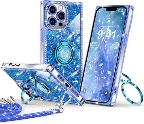 Miniatura 13 de XYZ Funda para iPhone 13, con purpurina brillante con soporte de corazón de 2 anillos y cordón, funda protectora a prueba de golpes con diamantes