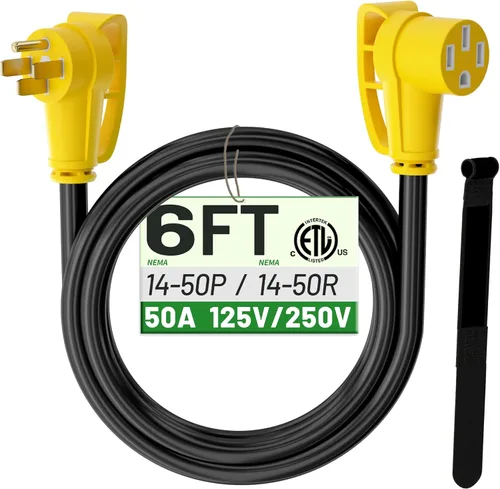 POWGRN NEMA 14-50P a NEMA 14-50R Cable de extensión de 50 amperios para RV/EV de 6 pies al aire libre con mango de agarre, cable de alimentación