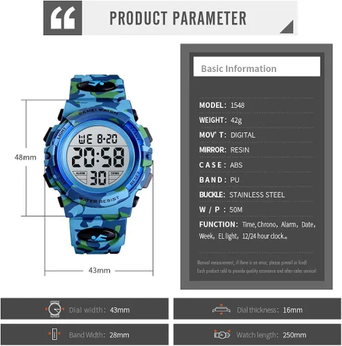 Miniatura 4 de FIZILI Reloj digital deportivo impermeable para niños, reloj despertador de 1224 H, cronómetro, calendario de 3 a 15 años, reloj de pulsera