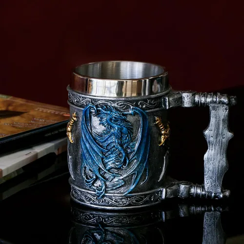 Taza medieval de dragón azul D&D Game Mug of Throne Merchandise Beer Steins Viking Tankard Taza de café de acero inoxidable Tazas de regalo para