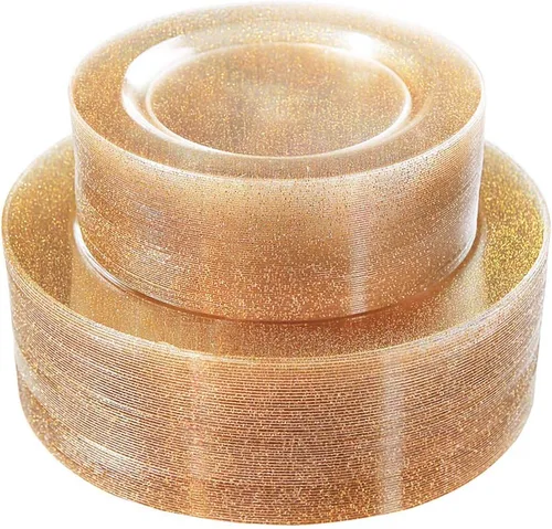 Miniatura 19 de WDF 50 platos de plástico dorado con cubiertos desechables y vasos de plástico dorados, platos de plástico cuadrados, utensilios de plástico dorado