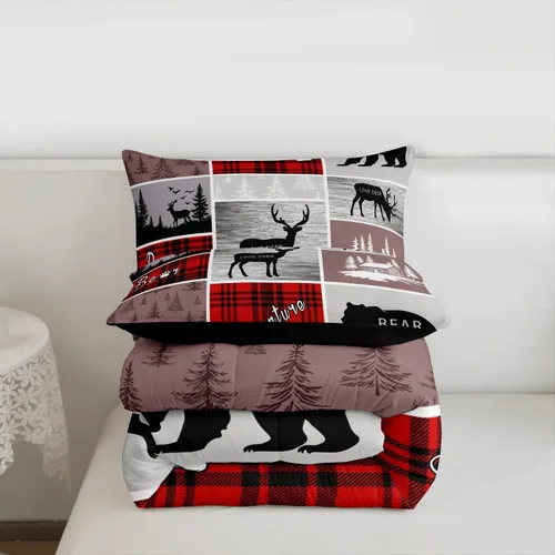 Miniatura 85 de Juego de edredón de oso y ciervo, tamaño individual, ropa de cama de animales salvajes de caza, colcha rústica de cabaña, casa de campo, cuadros