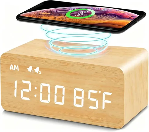 MOSITO Reloj de alarma digital de madera con carga inalámbrica, atenuación 0-100%, alarma doble, modo de días laborables/fin de semana, repetición,