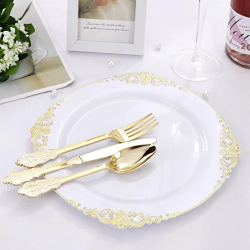 Miniatura 4 de Liacere 50 platos de plástico dorado y blanco, platos desechables de plástico dorado de 10.25 pulgadas, platos pesados de alta calidad para bodas